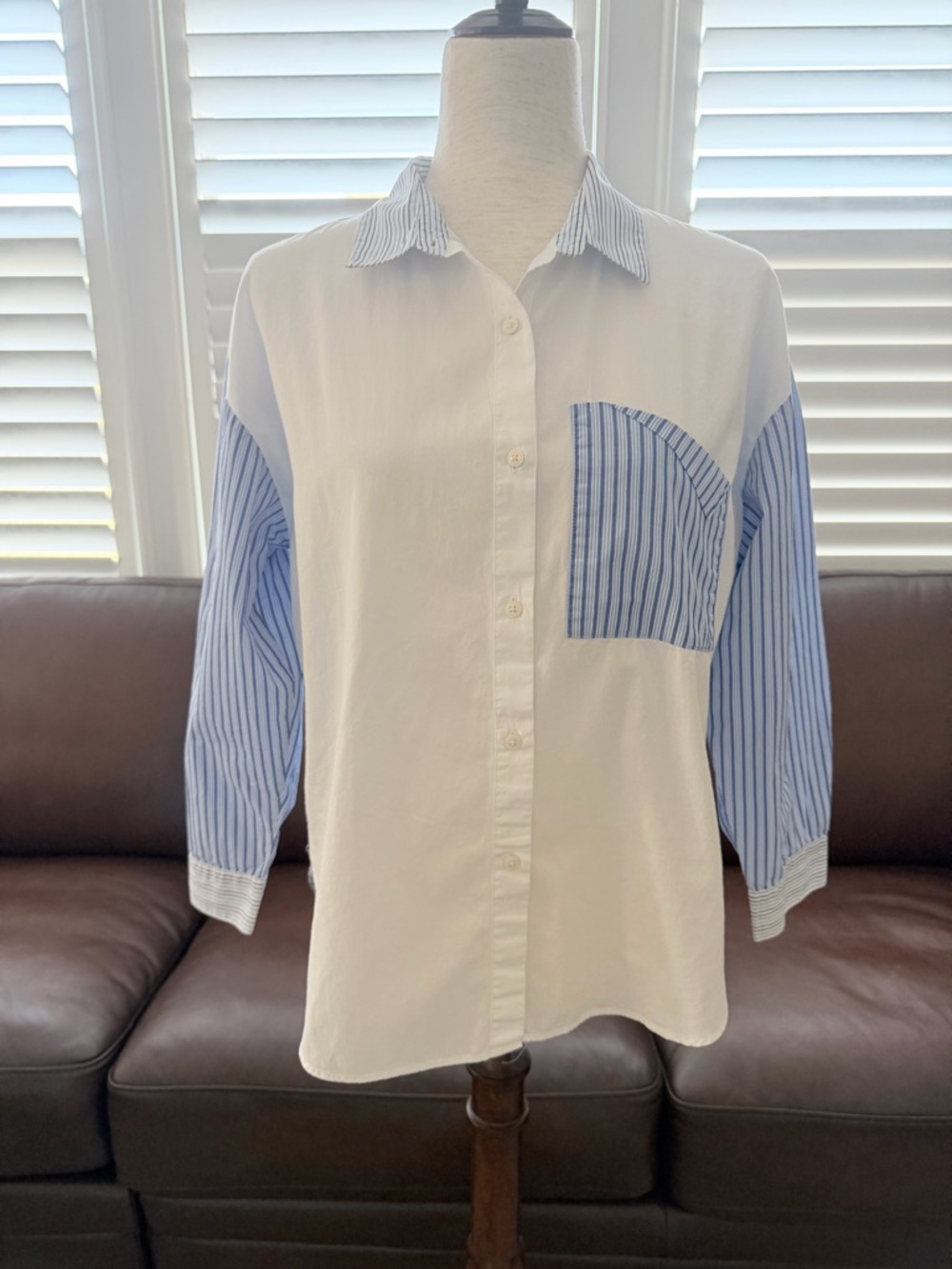 Zara White Button-Up Shirt with Blue Stripe Sleeves & Pocket NWOT